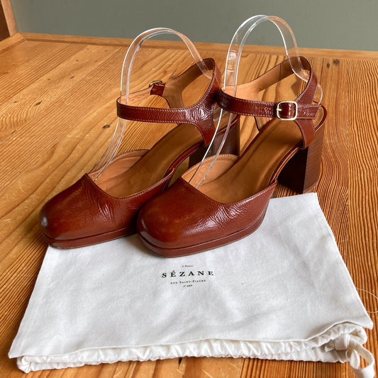 38 / 7.5 - Sezane Brown Patent Leather Square Toe Ankle Strap Heels 0415AU
