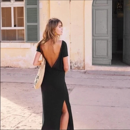 Sezane Black Short Sleeve Low Back Lucille Slit Maxi Dress - Size XS - 0312IG
