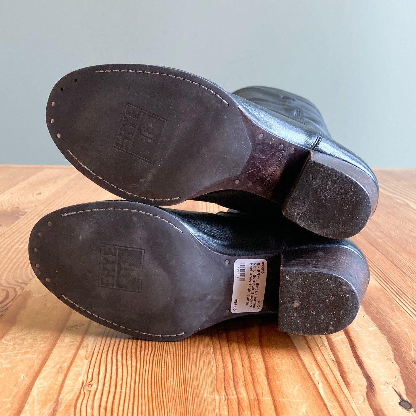 6 - FRYE Black Leather Rory Scrunch Stacked Heel Knee High Boots 0106KD