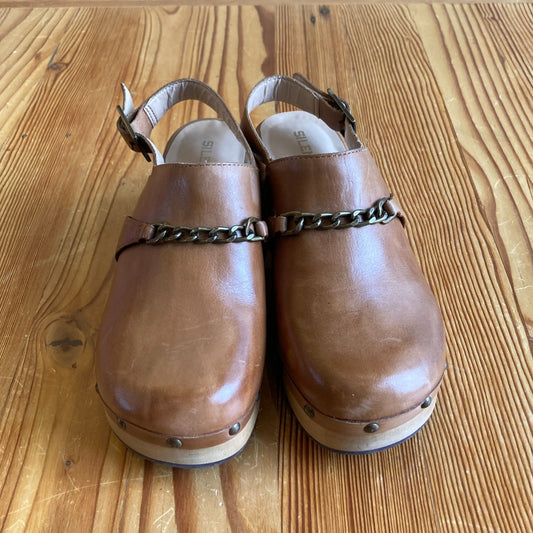 36 / 5.5-6 - Silent D Honey Brown Leather Georgia Chain Strap Clogs Shoes 0104KR
