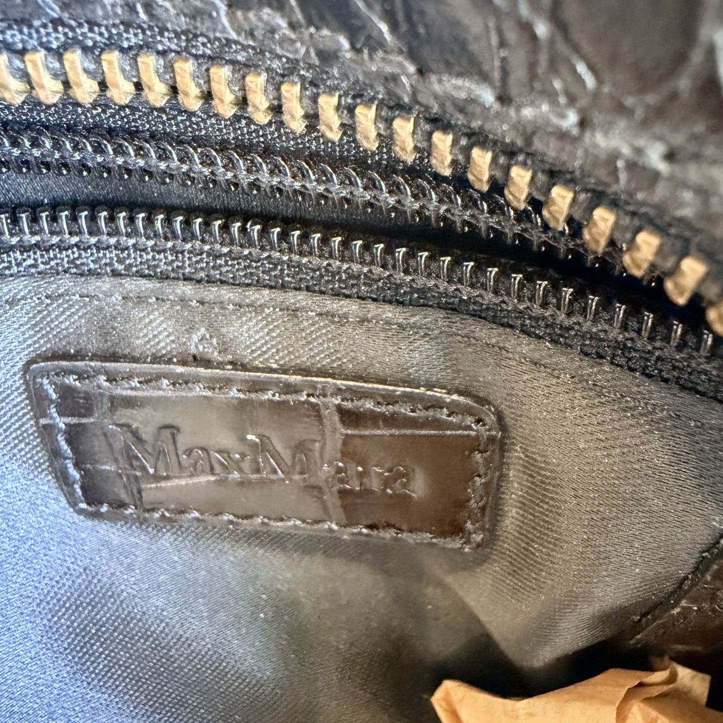 MaxMara Black Croc Embossed Vintage Leather Top Handle Zip Top Bag - 1022SW