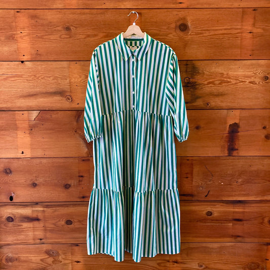 Maeve Anthropologie Green Striped Bettina Midi Length Dress - SIze L - 0206BS