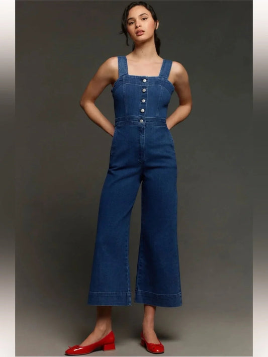 Maeve Anthropologie Denim Button-Up Wide Leg Colette Jumpsuit - Size 2 - 0312IG