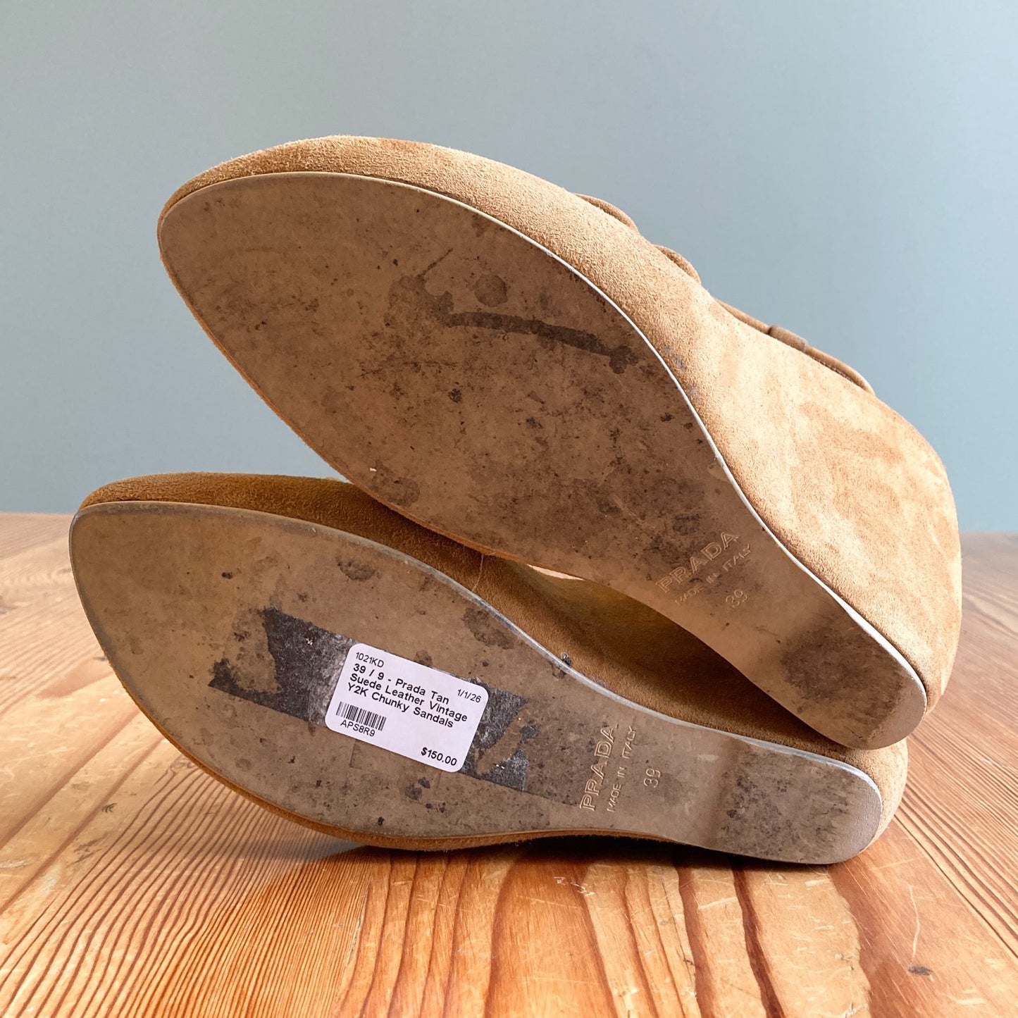 39 / 9 - Prada Tan Suede Leather Vintage Y2K Chunky Sandals Shoes 1021KD