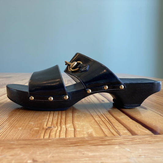 Gucci Black Leather Horsebit Platform Slide Sandals sandals - Size 8 - 1217RM