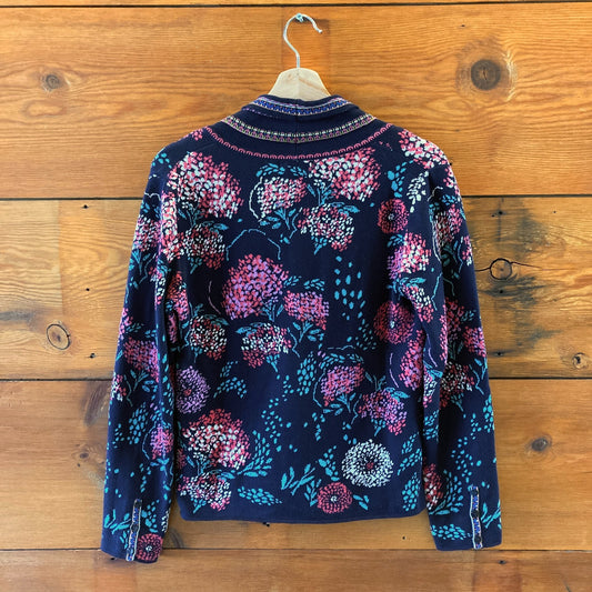 Ivko Navy Floral Patterned Button Up Cotton Cardigan Sweater - Size S - 1213SM