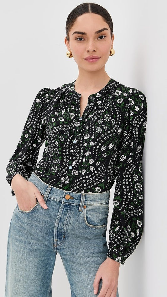 Veronica Beard Black Ashlynn Floral Printed Silk Top - Size 10 - 0930AC