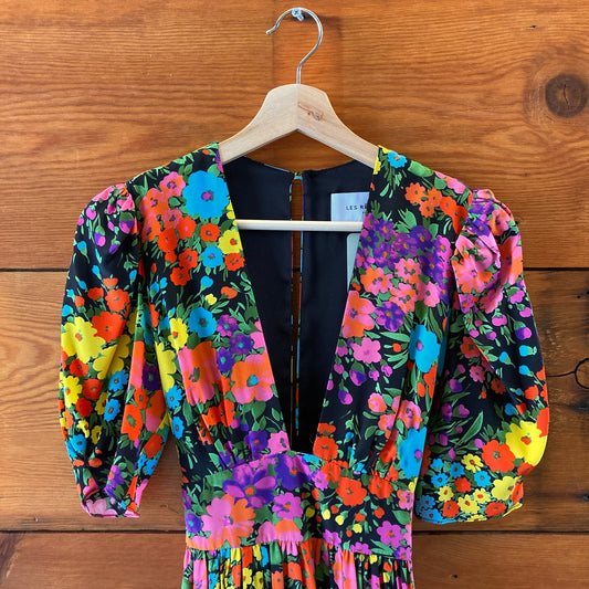 Les Reveries Bright Floral Print Short Sleeve Open Back Dress - Size 0 - 1214CM