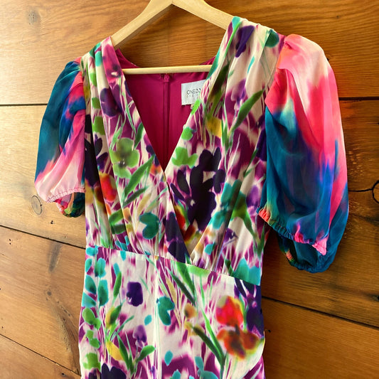 One33 Social $355 Purple Patterned Ruched Cocktail Dress - Size 8 - NEW - 1029SB