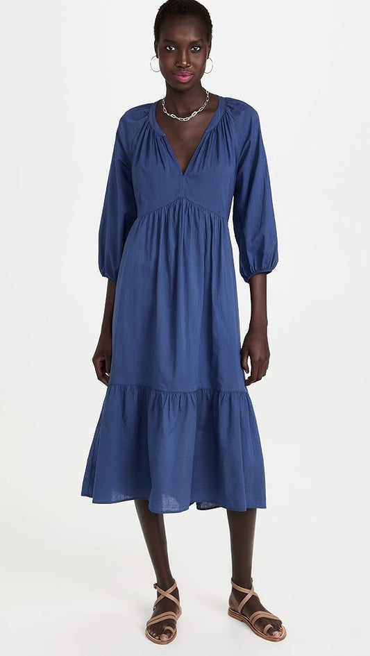 XS - Xirena Capri Blue Long Sleeve Tiered V-Neck Cotton Vie Dress 0325MR