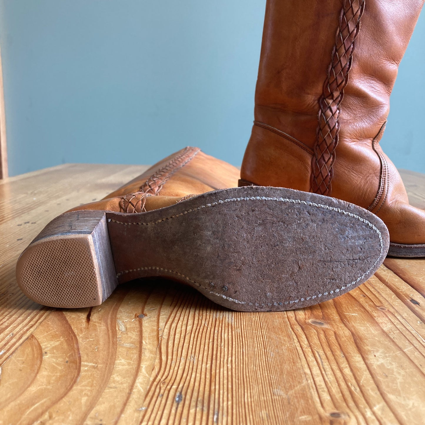 Miss Capezio Vintage 70s Brown Leather Braided Campus Boots - Size 6.5 - 0312IG