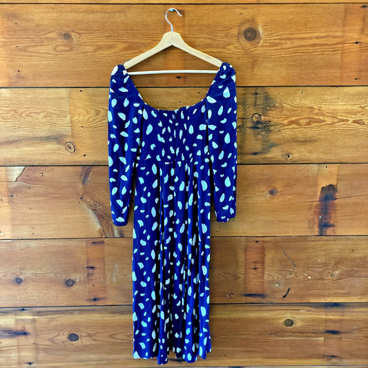 Reformation Navy Patterned Long Sleeve Midi Length Dress - Sz 0 Petite - 0515CJ