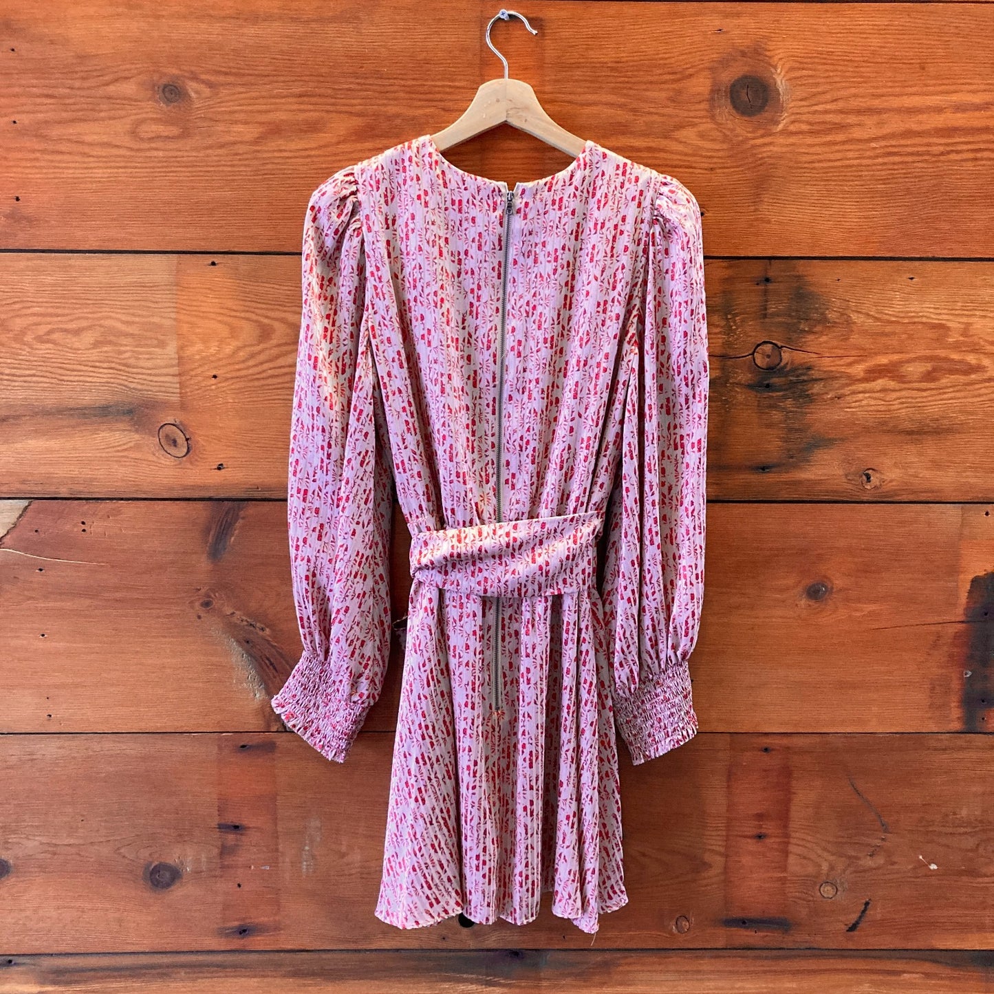 10 - Alice + Olivia Red Floral Striped Silk Long Sleeve Tie Waist Dress 0306SM