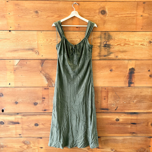 10 - Madewell $128 Olive Green Satin Square Neck Midi Length Dress NEW 0531AF