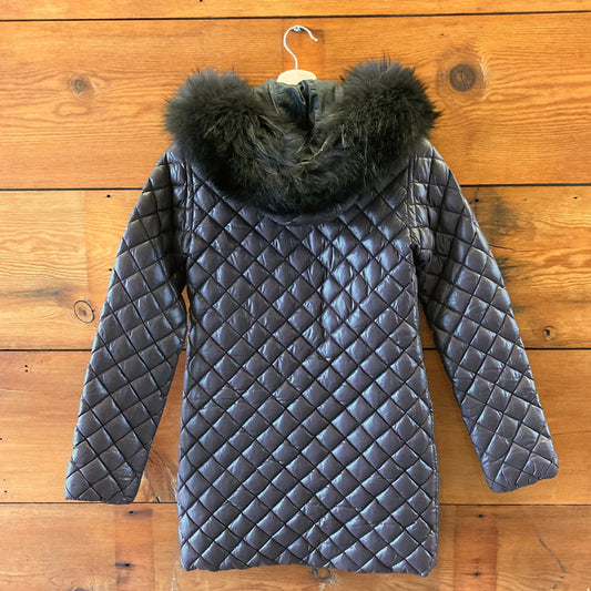 38/M - Duvetica Gray Quilted Down Insulated Raccoon Fur Trim Hooded Coat 0123MP