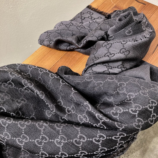 Gucci Gray GG Monogram Wool-Silk Frayed Edge Scarf - 0530JF