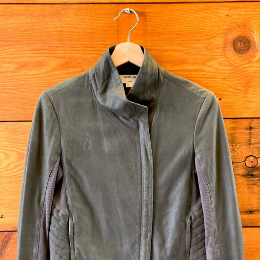S - Helmut Lang Dark Gray Paper Leather Asymmetric Zip Moto Jacket 0113TS