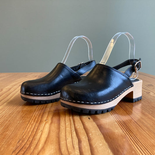 Swedish Hasbeens Black Leather Ankle Strap Clogs Shoes - Size 36 / 5.5 - 0104RM