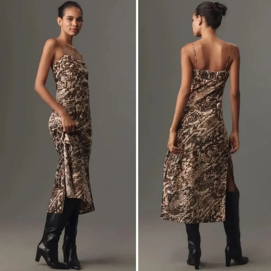 by Anthropologie Brown Snake Print NEW $148 Midi Dress - 0203DE