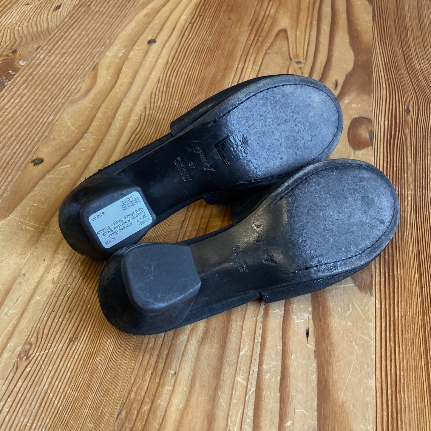 37 / 7 - Marsell Black Leather Rounded Block Heel Mules Shoes 1214CM