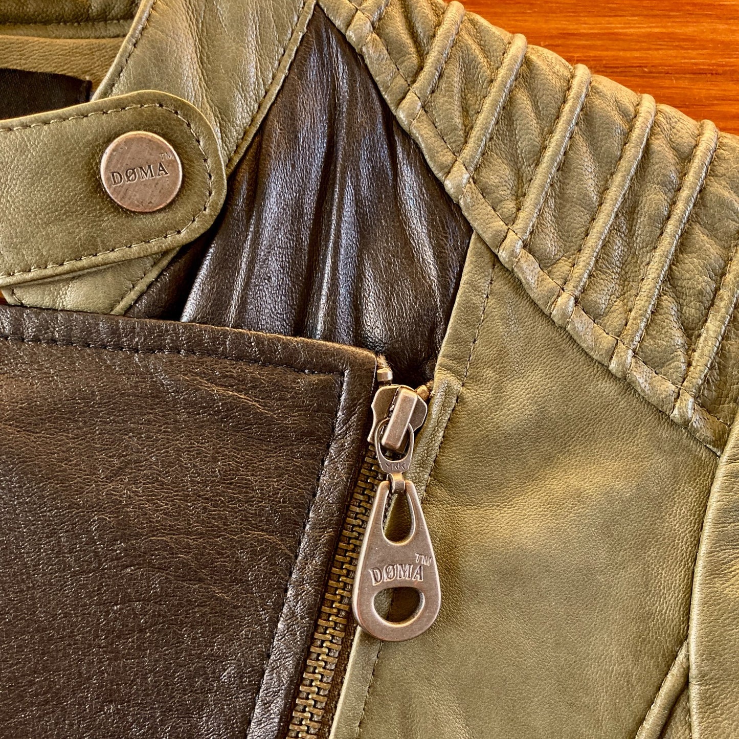 Doma Olive Green & Black Zip Up Moto Soft Leather Jacket - Size S - 0206SB