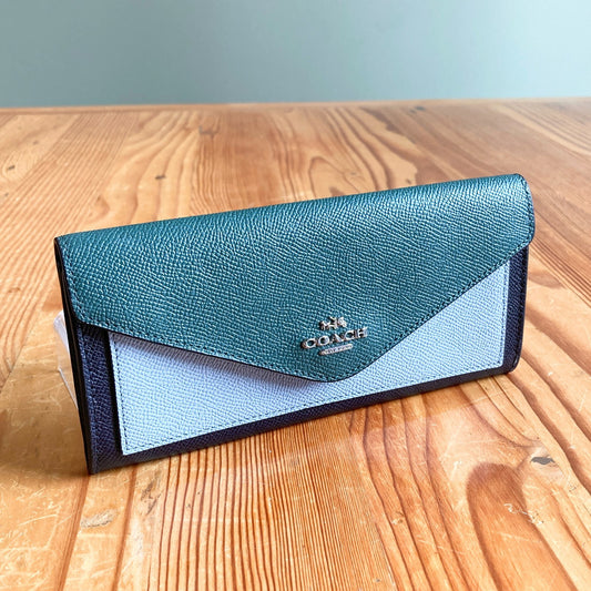Coach NEW Green Blue Navy Color-block Pebbled Leather Envelope Wallet 0322AS