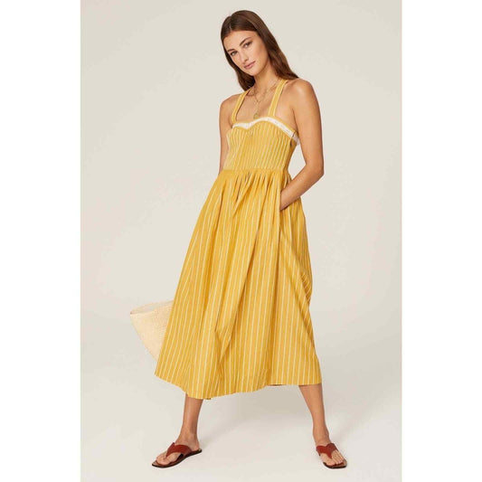 The Great. Yellow Striped Laurel Sweetheart Midi Dress - Size 1 / S - 0607MK