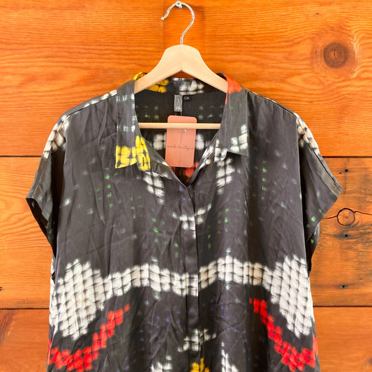 S/M - ELK the Label Black Silk Patterned Short Sleeve Shift Dress 0918SR