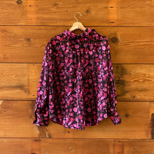 M - For Love & Lemons Black Pink Satin Floral Pajama Shirt & Shorts Set 0707AC