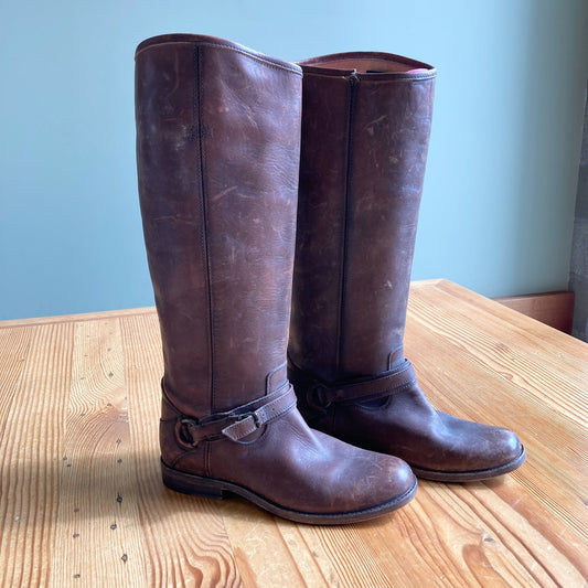 8.5 - Frye Brown Leather Phillip Ring Tall Womens Riding Boots 0306CH