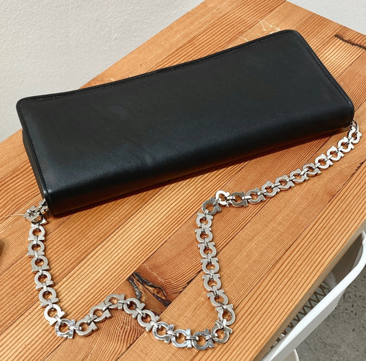 Salvatore Ferragamo Black Smooth Leather Chain Strap Clutch Purse - 0210AM