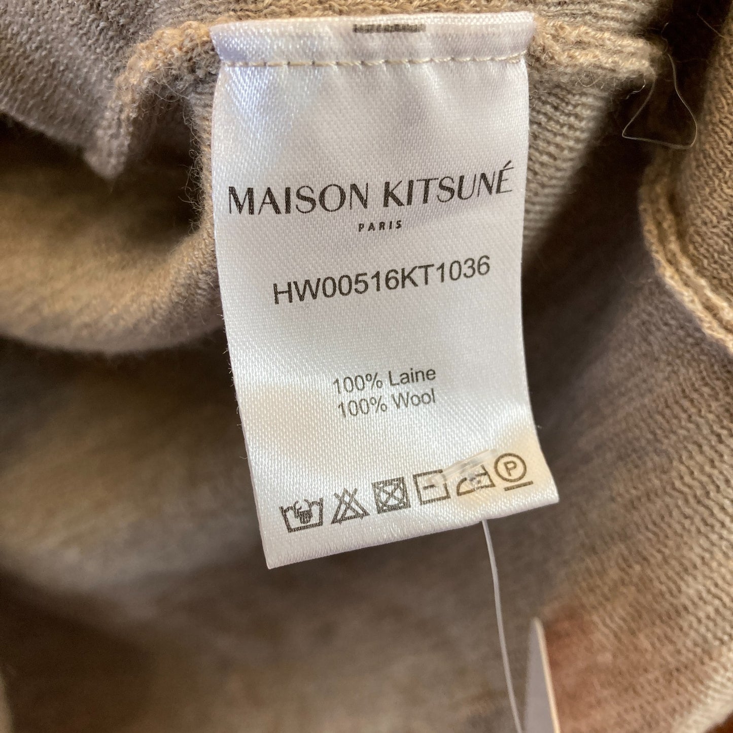S - Maison Kitsune Tan Wool Long Sleeve Turtleneck Fox Head Patch Sweater 1008RA