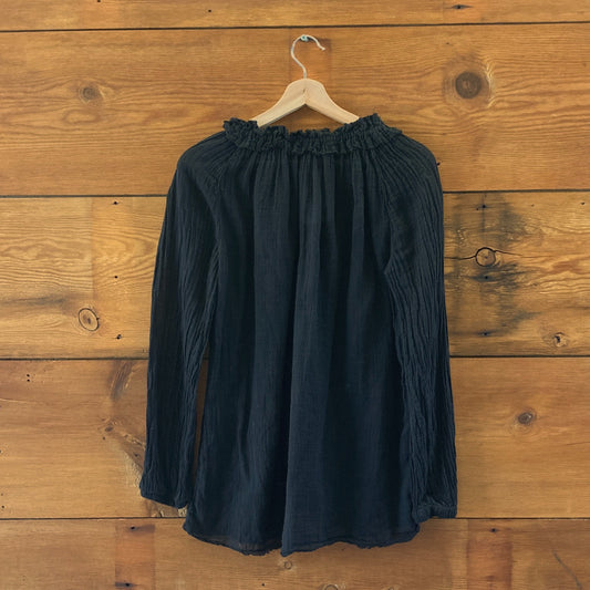 Raquel Allegra Black Sheer Frayed Hem Long Sleeve Shirt Top - Sz 0 / XS - 0410WJ