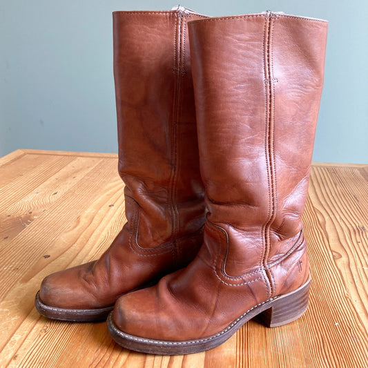 6.5 - FRYE Cognac Brown Campus 14L Tall Square Toe Womens Boots 0106KD