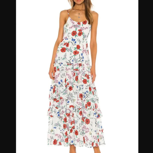 Yumi Kim White Floral Ruffle Tiered Maxi Sleeveless Dress - Sz M - NEW - 1029SB