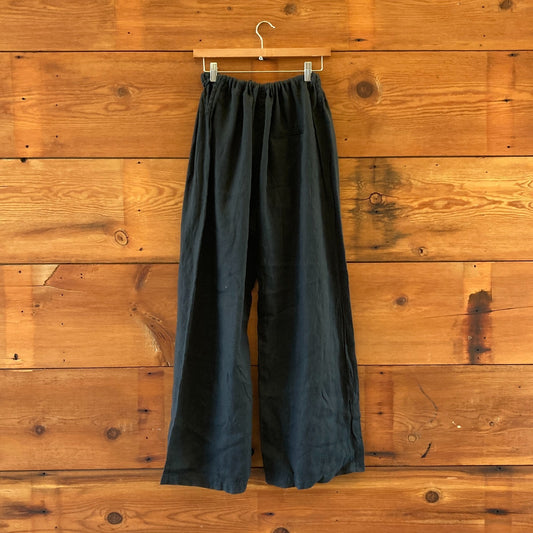 M - Black Crane Black Drawstring 100% Linen Pants 0416JW