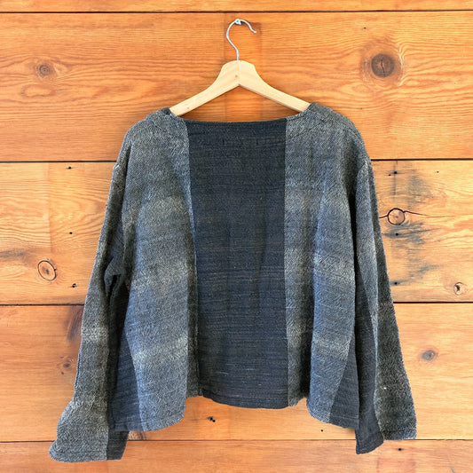 OS - Yasuko Kurisaka Gray Black Handwoven Boxy Fit Lagenlook Shirt Jacket 1231SV