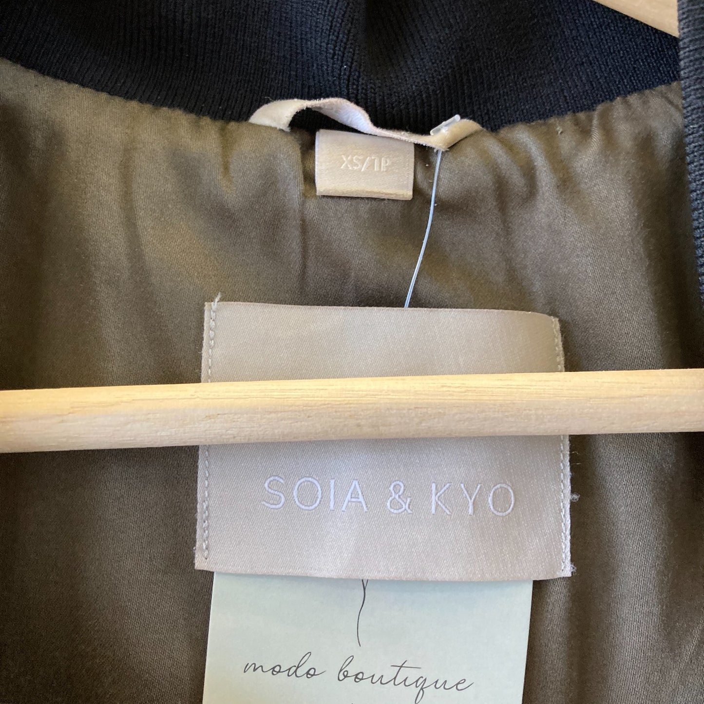 Soia & Kyo Olive Green Satin Bia Bonsai Long Bomber Jacket - Size XS - 1129CG