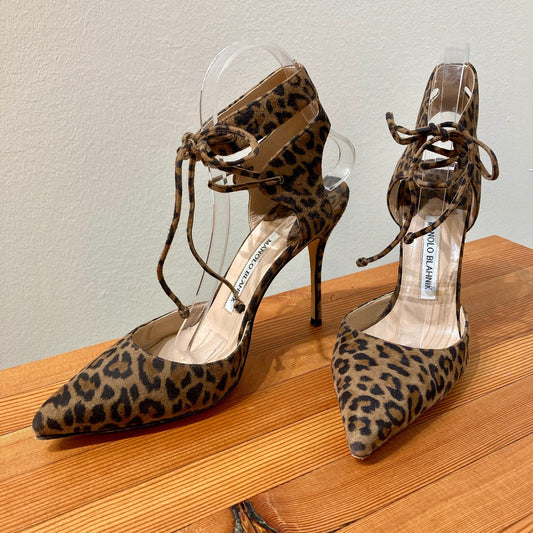 Manolo Blahnik Leopard Print Ankle-Tie Pumps Heels - Size 37.5 / 0907LR
