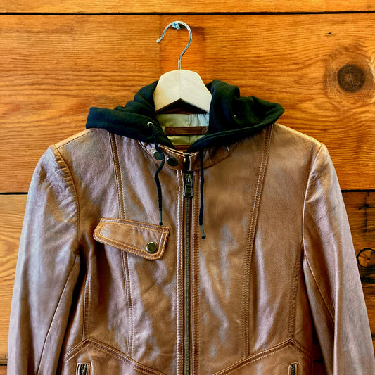 S - Andrew Marc Brown Leather Zip Up w/ Detachable Hoodie Hooded Jacket 0926RE