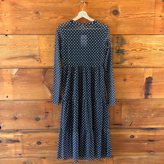 Baum & Pferdgarten Navy Blue Polka Dot Mesh Midi Length Dress - Size S - 1213SM