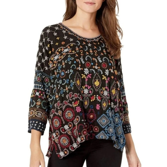 Johnny Was Black Embroidered Zora Stitchwork Tunic Blouse Top - Size L - 1209SH