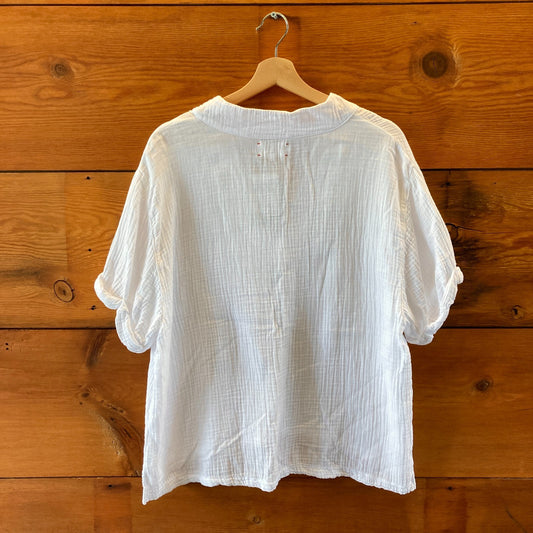 Xirena White Gauze Cotton V Neck Short Sleeve Boxy Shirt Top - Size M - 4427SC