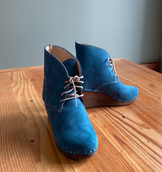 8 - Maguba Teal Leather Casablanca Wooden Wedge Boots Swedish Clogs 1120JM