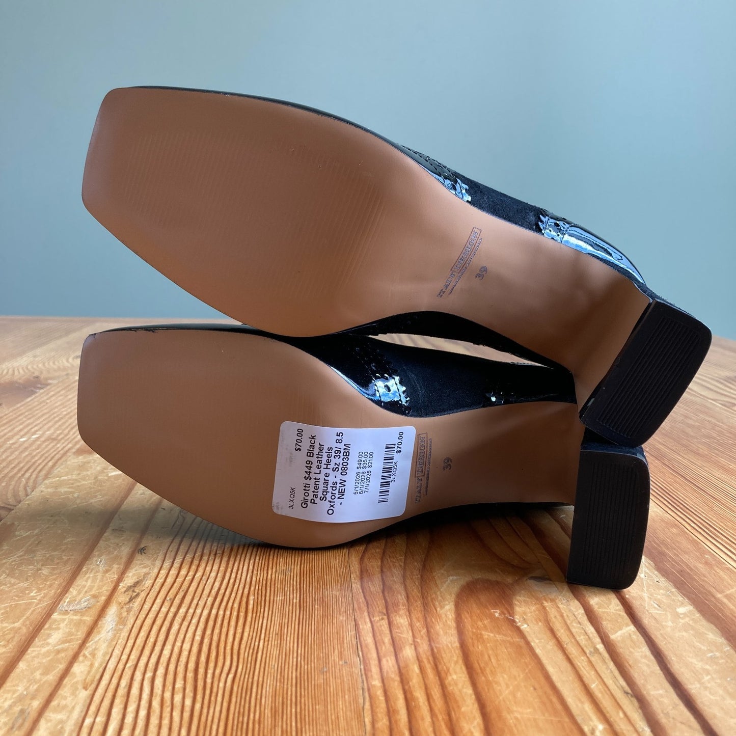 Girotti $449 Black Patent Leather Square Heels Oxfords - Sz 39/ 8.5 - NEW 0803BM