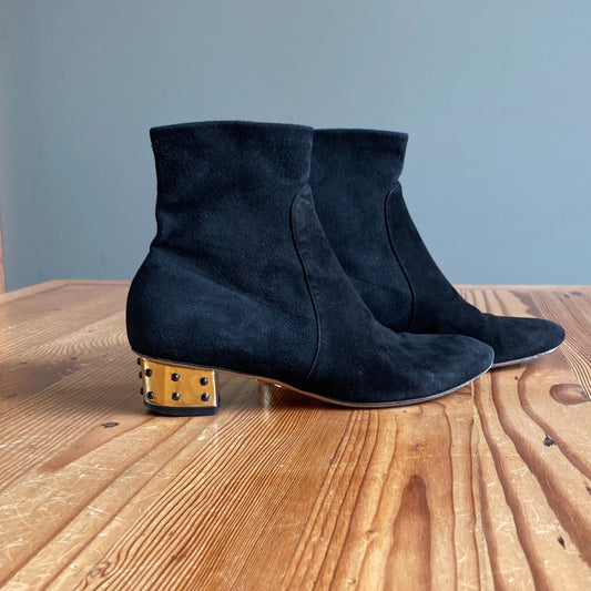 38.5 / 8.5 - Charlotte Olympia Black Stretch Studded Gold Heel Boots 0508DK