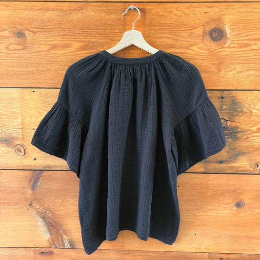 Xirena Black Gauze Cotton Henley Neck Short Sleeve Shirt Top - Size M - 4427SC