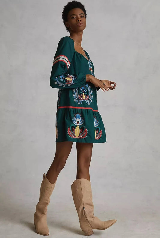 Let me Be Anthropologie Dark Green Embroidered Mini Dress - Size XS - 1011MP
