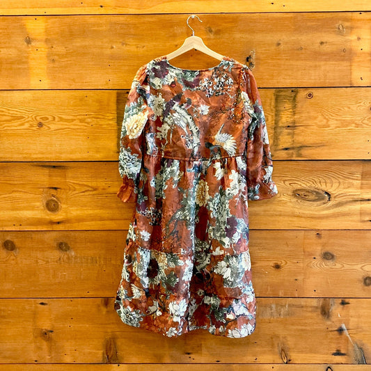 0 / XS - Hemant & Nandita Anthropologie Red Floral V-Neck Midi Dress 1118SM