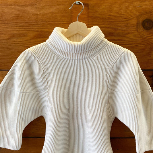 Khaite Ivory Ribbed Knit Wool Short Sleeve Turtleneck Sweater - Size S - 0422VS